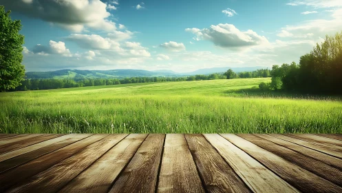 Sunlit meadow stretches beyond rustic wooden terrace deck.