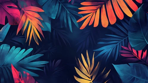 Neon jungle foliage framing deep midnight space.