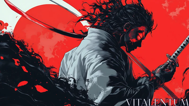 Samurai swordsman silhouette before crimson sun, ink-splatter field