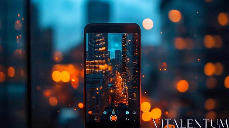City lights framed through a phone on a dreamy night.