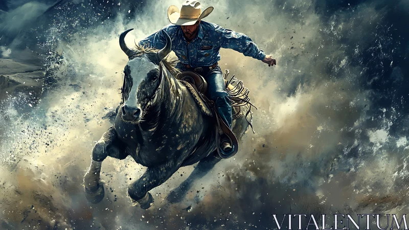 Dust-charged cowboy riding at full gallop through chaos.