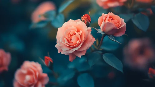 Coral Roses Against Teal Foliage Bloom Study.