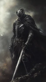 Dark armored knight with sword in stormy fantasy scene.