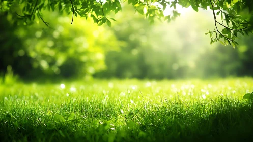 Sunlit Meadow with Lush Green Grass and Leafy Tree Branches.