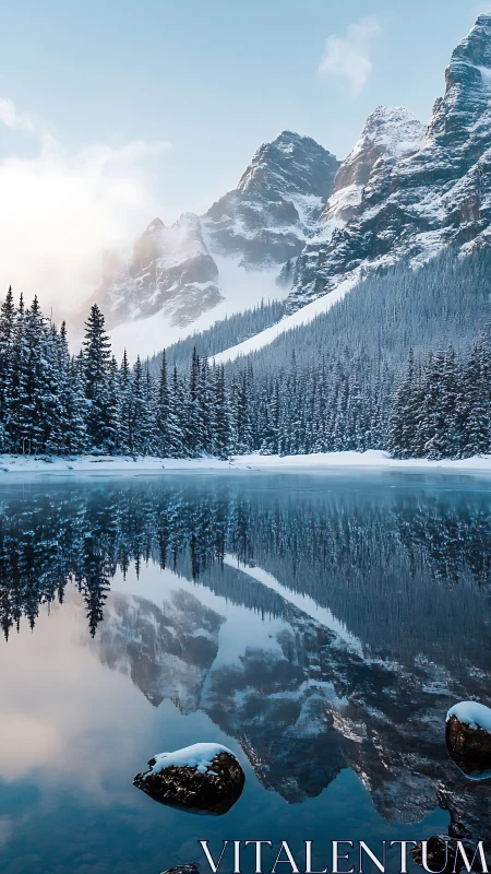 Snow covered mountain range reflected in calm alpine lake.
