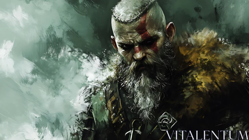 Grizzled warrior portrait with red war paint and fur mantle