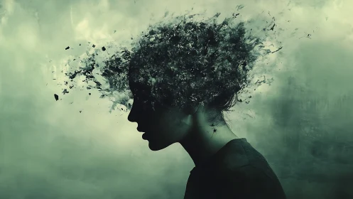 Silhouette side profile with head dissolving into fragments.