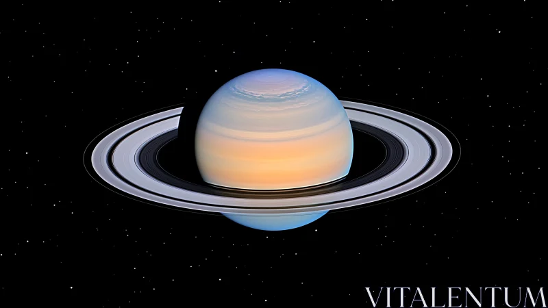 Saturn with illuminated rings centered in star-filled space