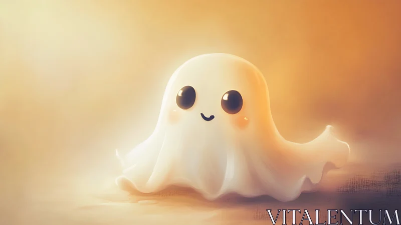 Softly illuminated kawaii ghost character in warm glow