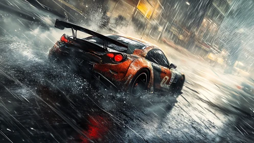 Orange GT race car drifts through wet neon city streets
