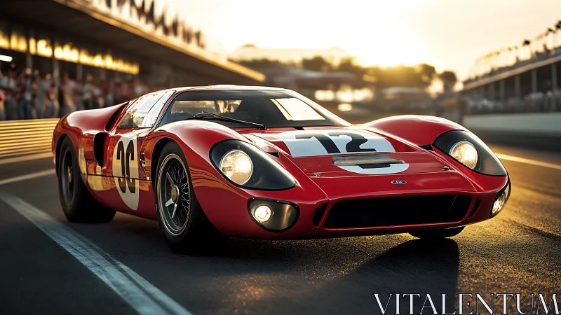 Vintage red racing car on track in evening sunlight.