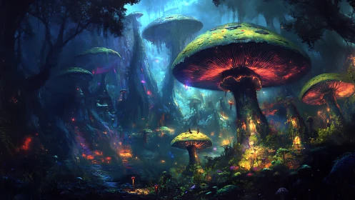 Bioluminescent mushroom forest glows under dense twilight canopy
