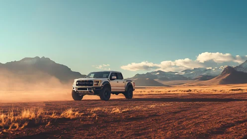 Dusty desert pickup rolls toward sunlit mountains in comfort