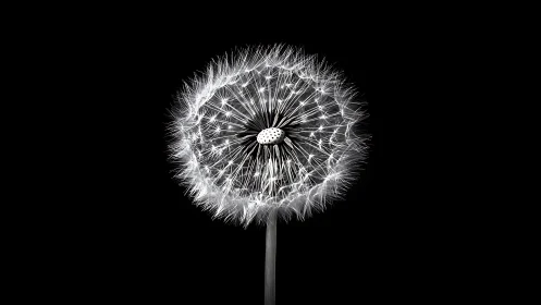 Dandelion seed head glows in sharp monochrome detail.