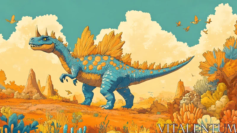 Skybright dino strides through citrus canyons of a lost age.
