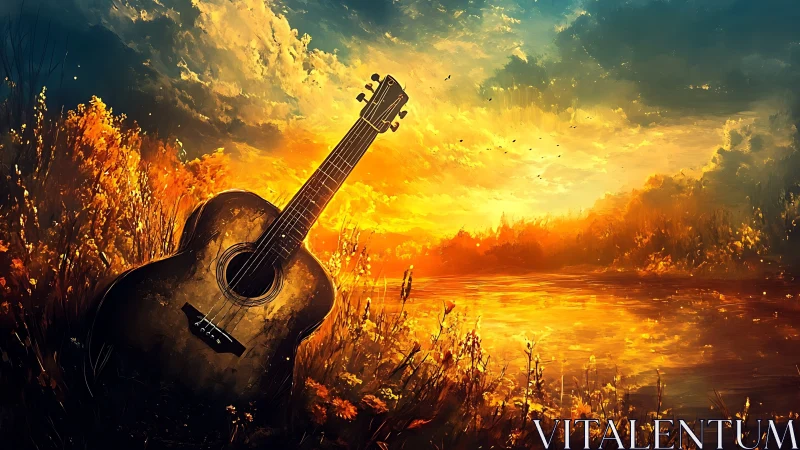 Sunlit acoustic guitar beside glowing river at dusk.