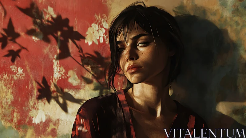 Cinematic digital portrait in raking light with floral shadows