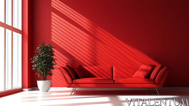 Red sofa minimal interior under dramatic window light.
