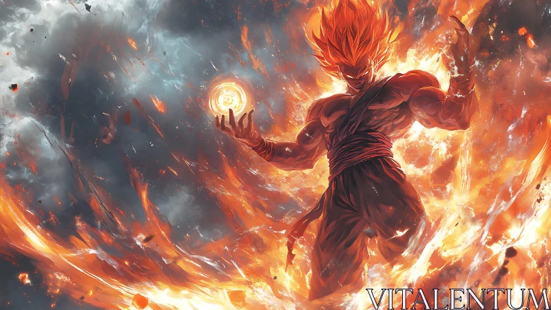 Blazing warrior ascends amid swirling inferno stormscape.