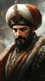 Ottoman noble in ornate winter regalia stares with resolve.
