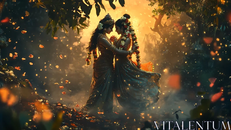Mythic lovers in luminous forest, cinematic digital tableau.