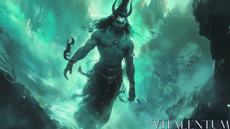 Mythic horned deity traversing turquoise storm vortex field.