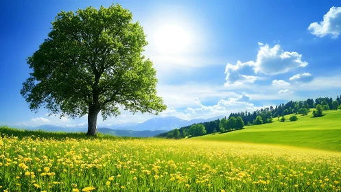 Lone green tree in sunny yellow meadow under blue sky.