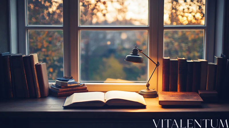 Twilight-lit reading desk with books, window, and task lamp.