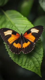Butterfly with orange bands resting on a textured leaf.