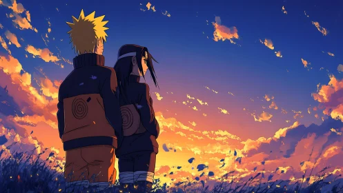 Two stylized figures observe a saturated sunset sky