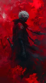 Crimson storm wanderer with silver hair and sleeping blade.