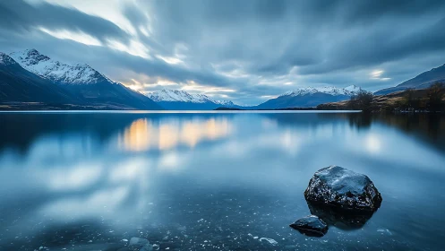 Clouded mountain lake reflects distant snow-covered peaks
