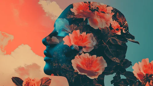 Surreal double-exposure floral silhouette with warm cyan contrast.