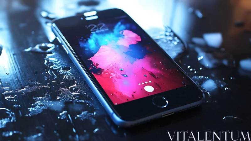 Water-dappled smartphone close-up with neon abstract display.