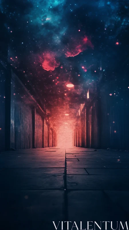 Urban corridor opening into cosmic nebula sky at night.