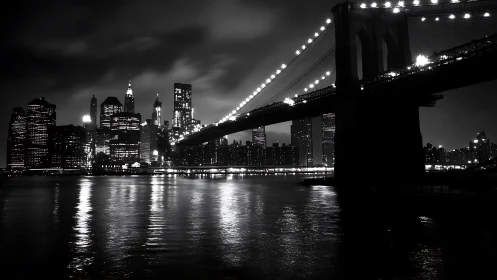 Moody black and white city skyline glows beneath bridge lights