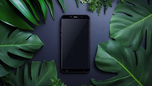 Monstera Dreams: Samsung Phone Nestled Among Jungle Leaves.