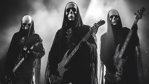 Skeletal masked metal trio with bass guitars on stage