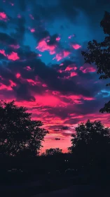 High-contrast magenta sunset sky with silhouetted urban trees