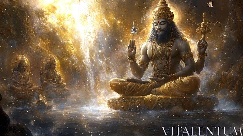 Seated deity figures occupy a luminous, reflective cavern space