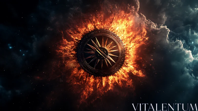 Radial brass compass encircled by solar plasma ring in deep space