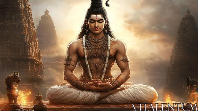 Meditating deity amid glowing temple spires and sacred fire.