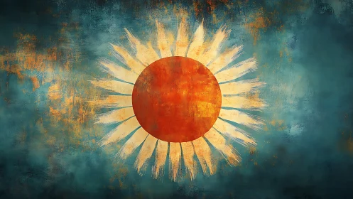 Abstract sun symbol with textured teal and orange field.