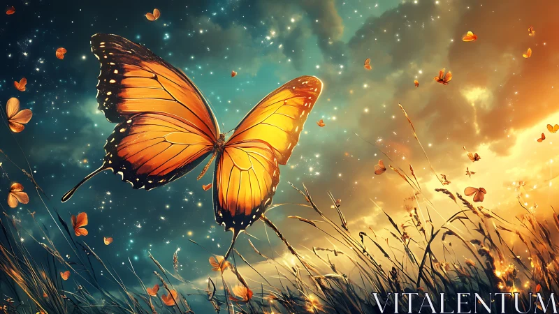 Golden butterfly soaring over glowing twilight meadow.