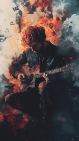 Guitarist in fiery abstraction with moody, textured atmosphere.