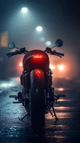 Café racer motorcycle stands under foggy urban streetlights at night