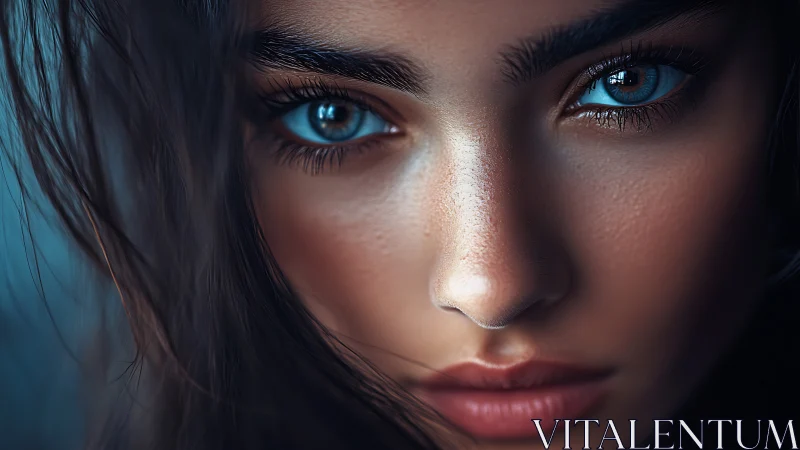 Hypnotic blue eyes framed by dramatic close-up portrait.
