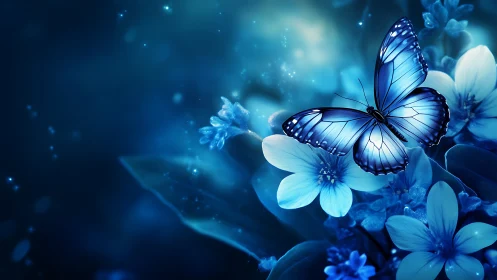 Luminous blue butterfly over glowing blossoms at night.