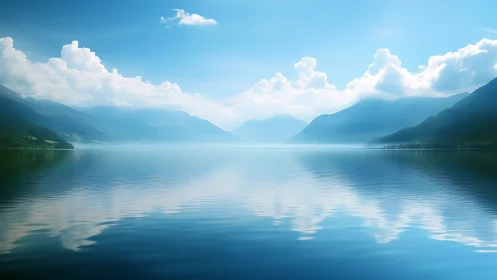 Mountain lake panorama with cloud reflections under clear sky.