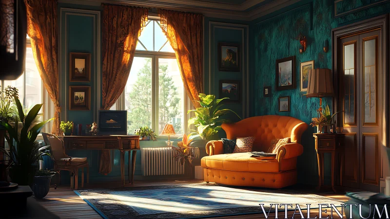 Sunlit teal salon with vintage orange sofa and plants.